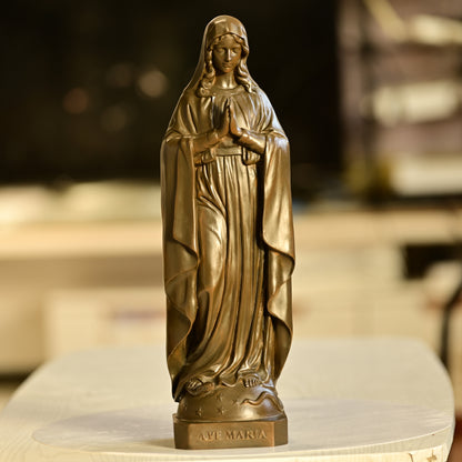 Blessed Virgin Mary Brass Statue in Prayerful Devotion and Grace