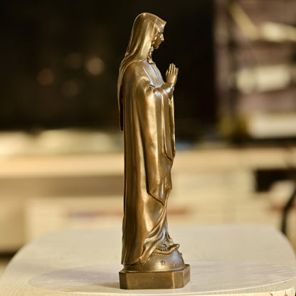 Blessed Virgin Mary Brass Statue in Prayerful Devotion and Grace